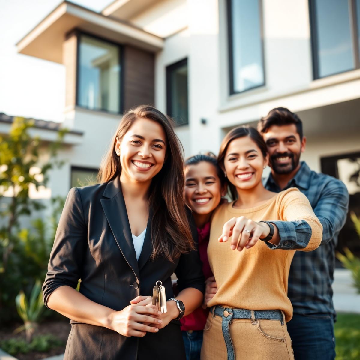Familia feliz recibiendo las llaves de su nuevo hogar